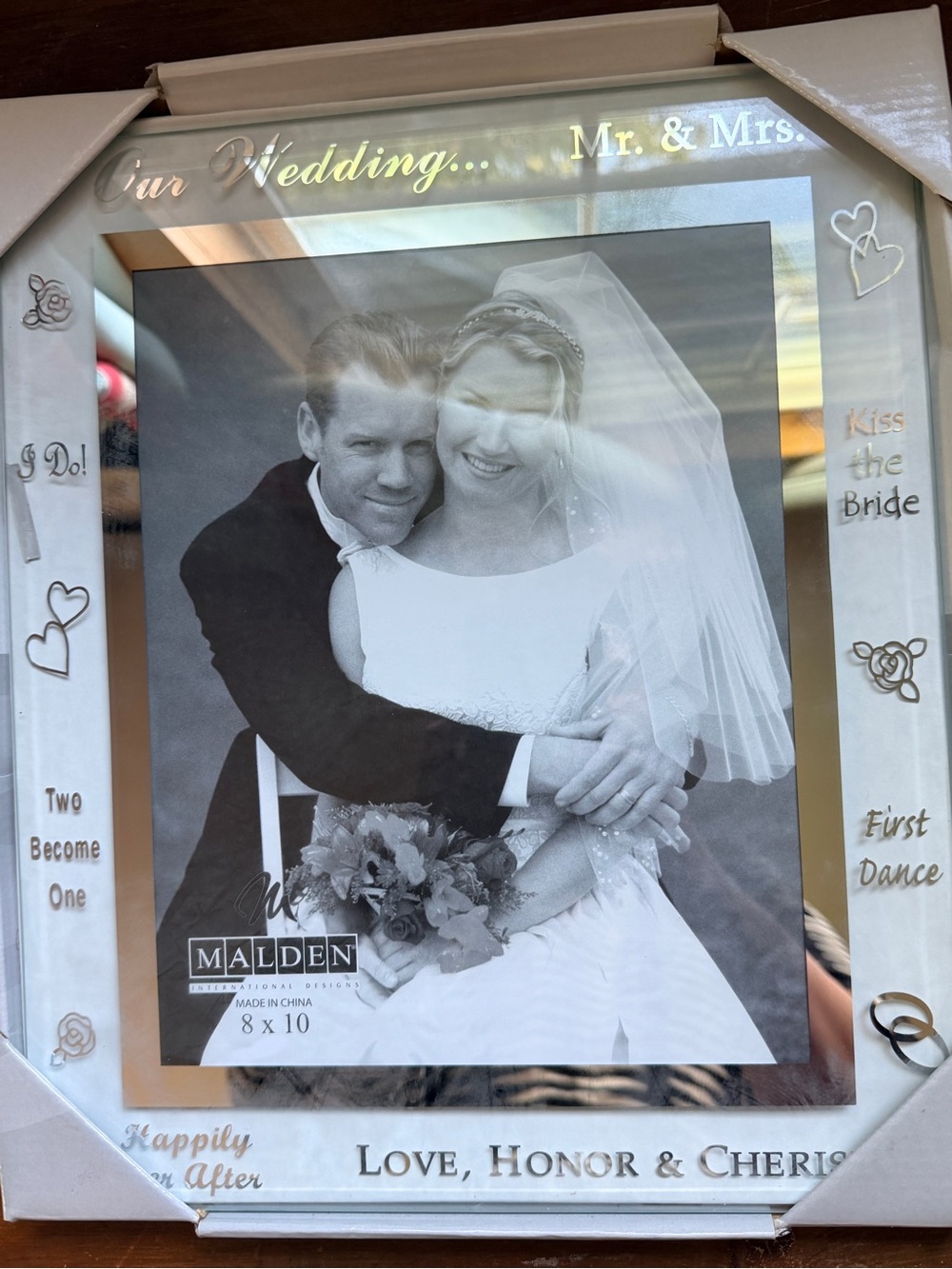 Malden Wedding Picture Frame in White with Gold Script Accents
